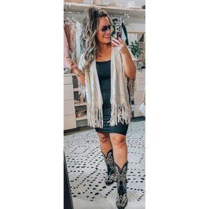 Womens Faux Suede Southwestern Cut Out Cowgirl Festival Fringe Kimono OS Wrap